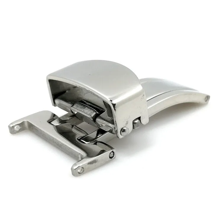 Silver stainless steel single-side folding watch buckle clasp on a white background