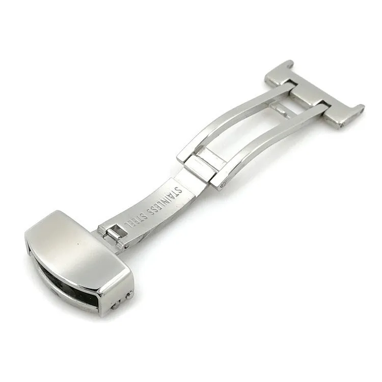Silver stainless steel single-side folding watch buckle clasp on a white background