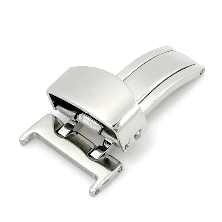 Silver stainless steel single-side folding watch buckle clasp on a white background