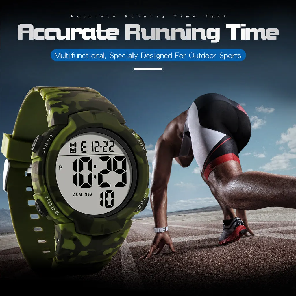 Multi functional waterproof male student sports electronic watch with black plastic band and round digital dial