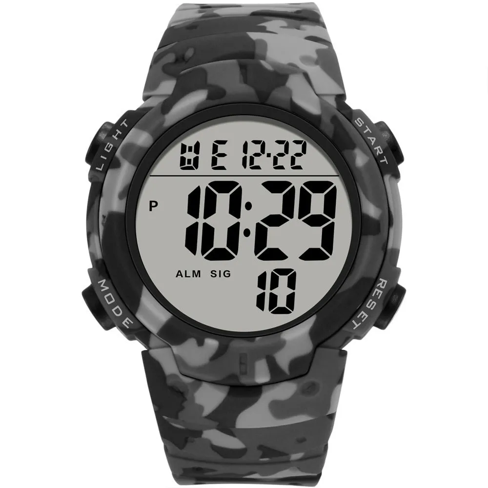 Multi functional waterproof male student sports electronic watch with black plastic band and round digital dial