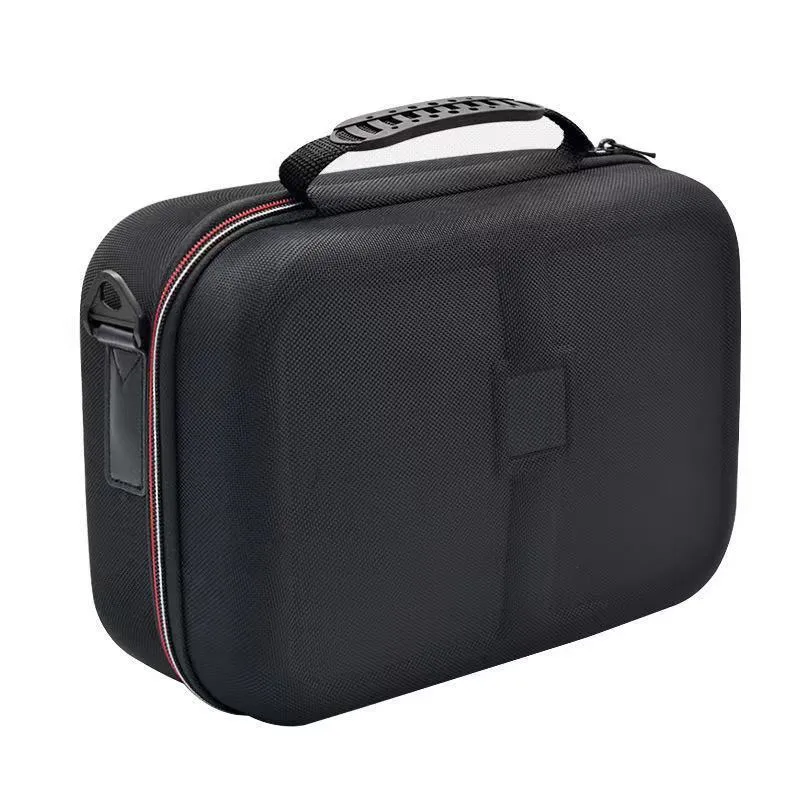 Black EVA game console accessory storage bag showing dimensions for organising controllers and cables.