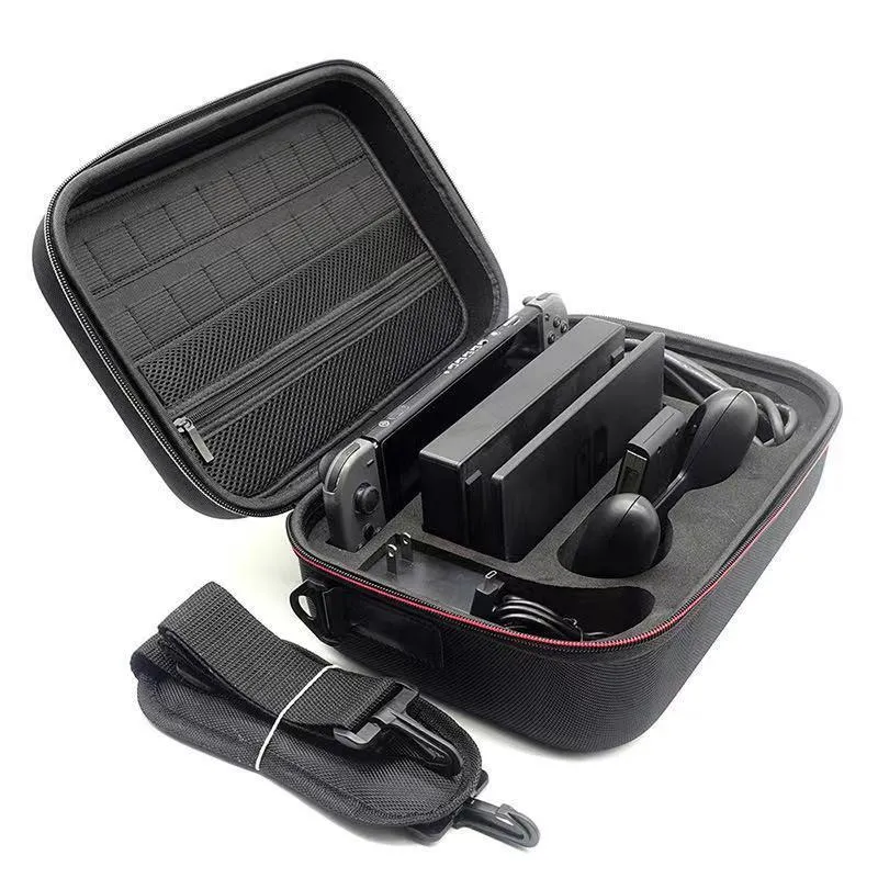 Black EVA game console accessory storage bag showing dimensions for organising controllers and cables.