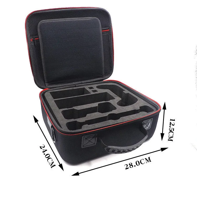 Black EVA game console accessory storage bag showing dimensions for organising controllers and cables.