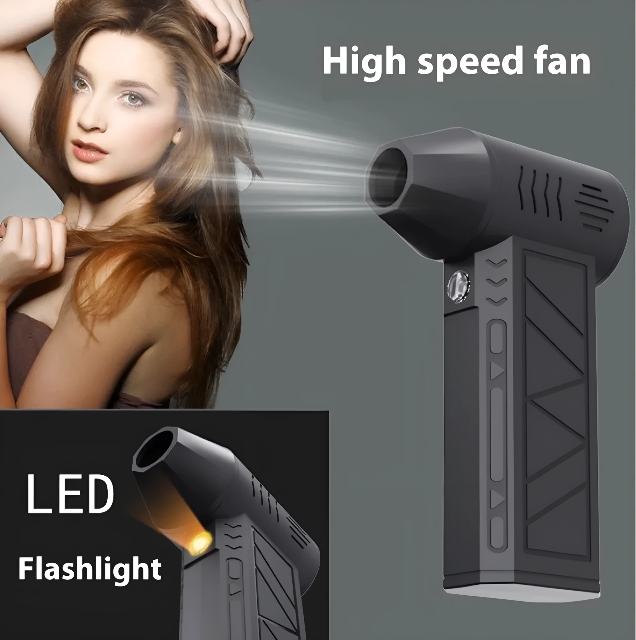 Mini handheld black dust blower with brushless motor, four speed settings, and compact 130x78x38mm size on a desk