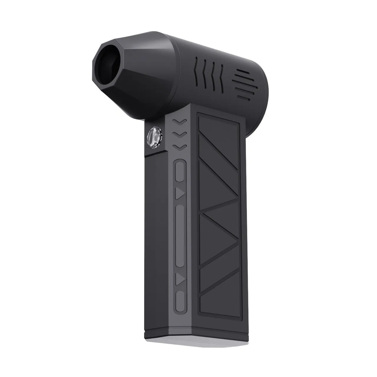 Mini handheld black dust blower with brushless motor, four speed settings, and compact 130x78x38mm size on a desk