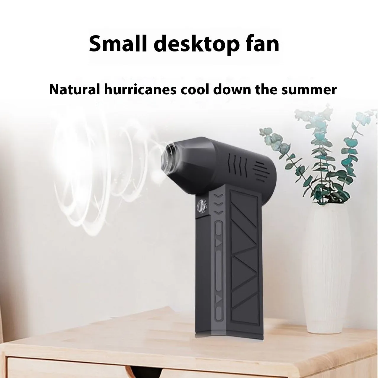 Mini handheld black dust blower with brushless motor, four speed settings, and compact 130x78x38mm size on a desk