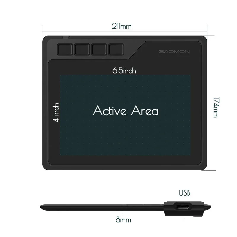 GAOMON S620 drawing board in standard colour with USB interface and electromagnetic pressure induction