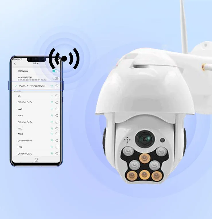 1080P wireless dome camera with 360-degree PTZ, infrared night vision, and motion detection for outdoor surveillance