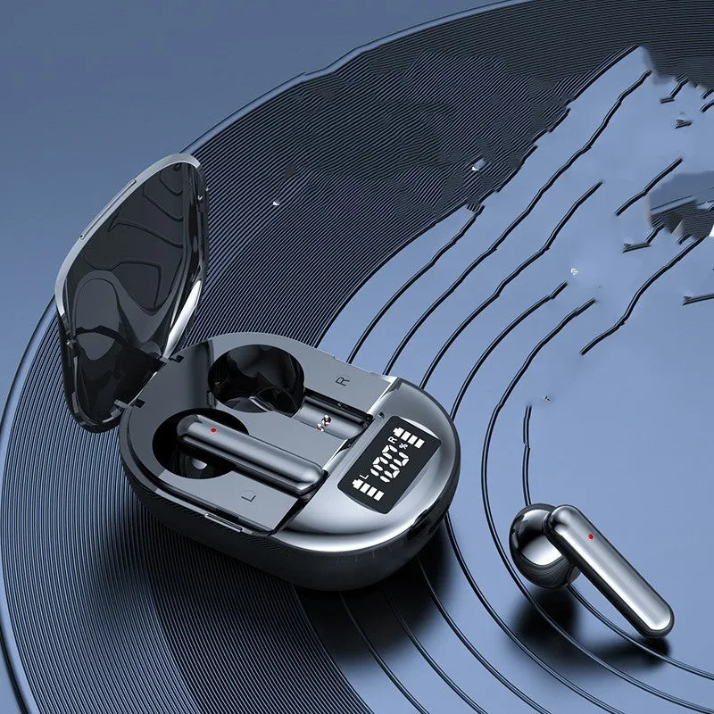 Black and white wireless Bluetooth in-ear headphones with a charging bin showing digital display.