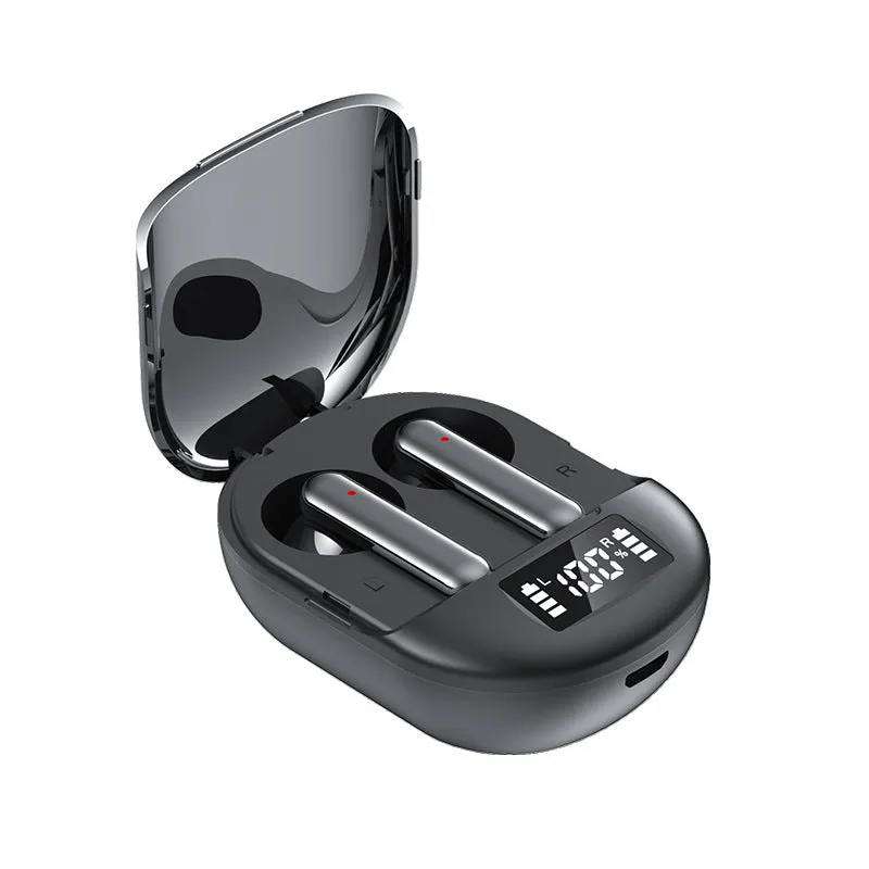 Black and white wireless Bluetooth in-ear headphones with a charging bin showing digital display.