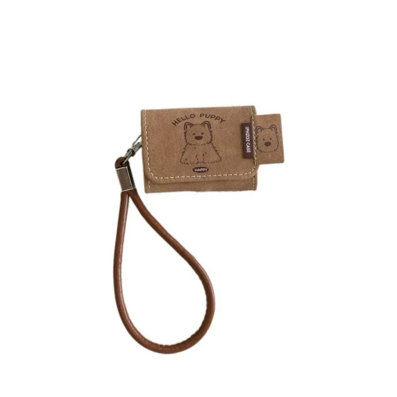 Brown imitation leather AirPods protective case with cartoon West Highland dog and frosted finish