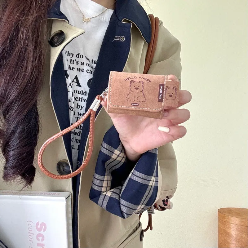 Brown imitation leather AirPods protective case with cartoon West Highland dog and frosted finish