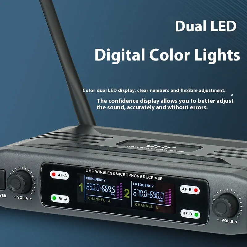 Black VHF one-to-two wireless karaoke microphone system with two handheld mics and regulator