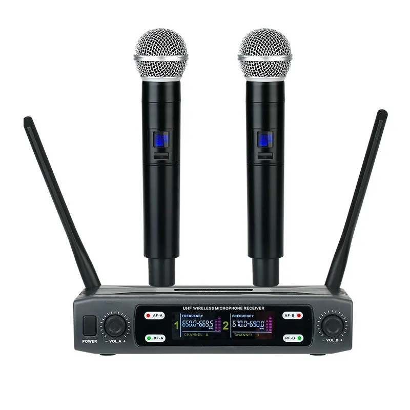 Black VHF one-to-two wireless karaoke microphone system with two handheld mics and regulator