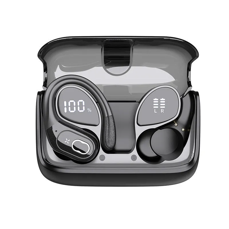 Wireless ear-hook headset in black with stereo noise reduction and digital display case