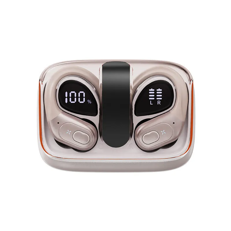 Wireless ear-hook headset in black with stereo noise reduction and digital display case