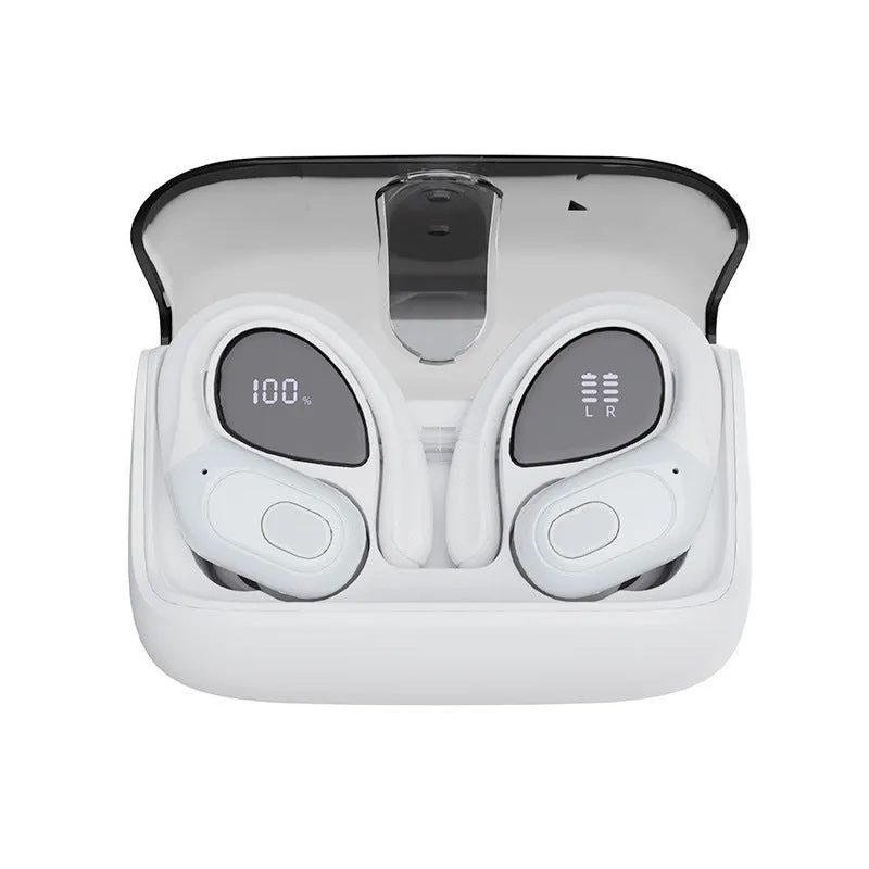 Wireless ear-hook headset in black with stereo noise reduction and digital display case