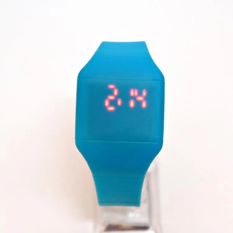 Square electronic touch screen watch with digital display on a PU strap, shown in multiple colour options.