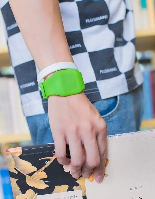 Square electronic touch screen watch with digital display on a PU strap, shown in multiple colour options.