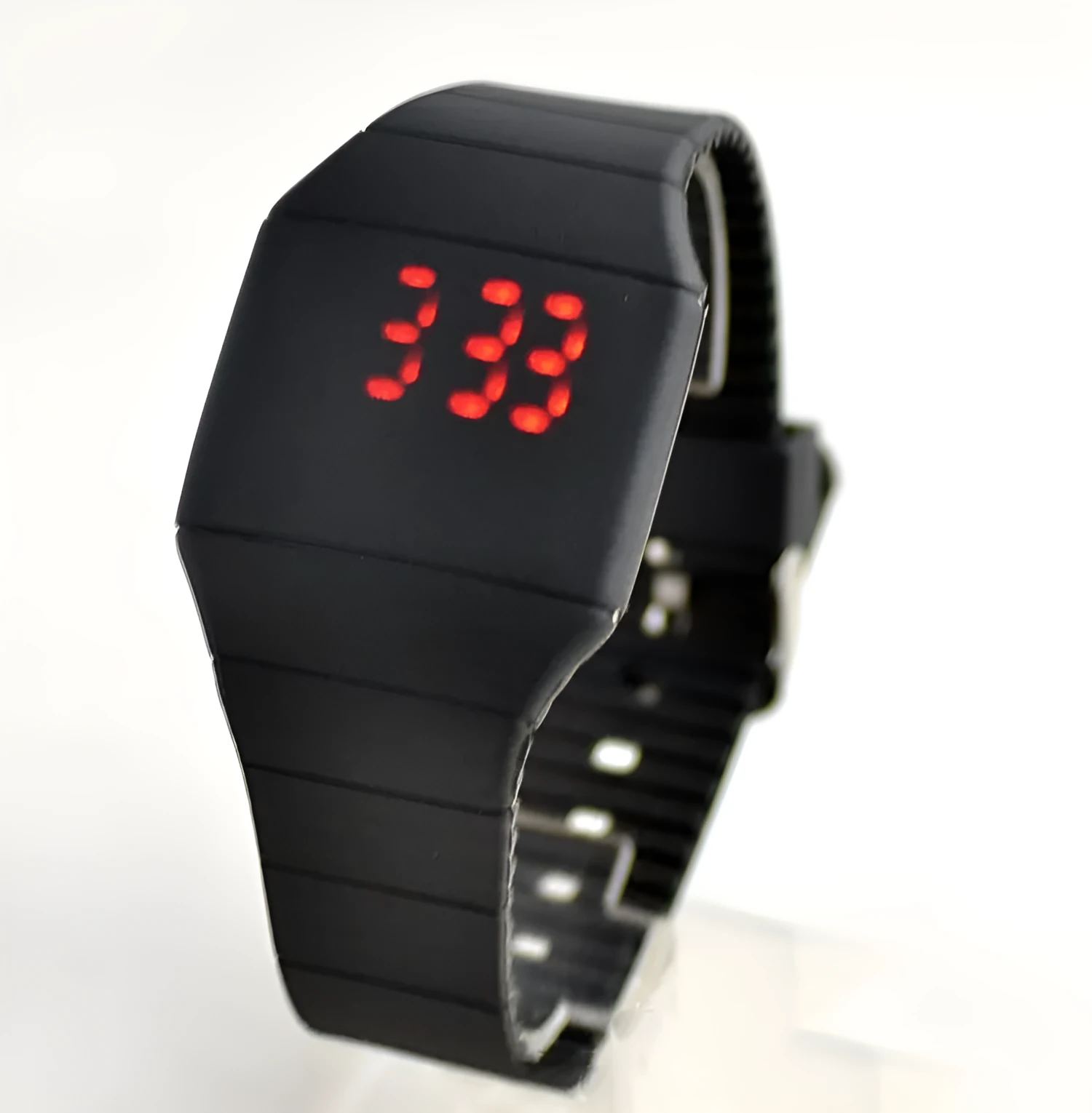 Square electronic touch screen watch with digital display on a PU strap, shown in multiple colour options.