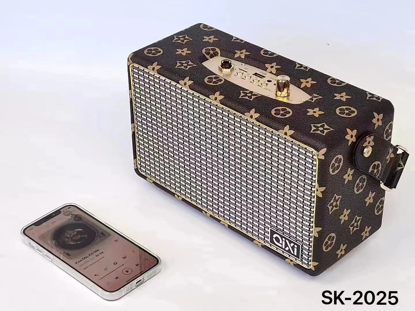 Red leather pattern mini portable Bluetooth speaker card design with dual speakers and microphone option