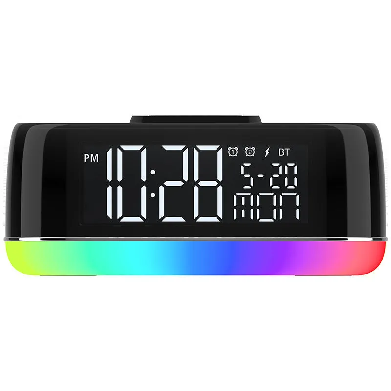 Deep black Bluetooth audio subwoofer with wireless charging pad and colourful light display