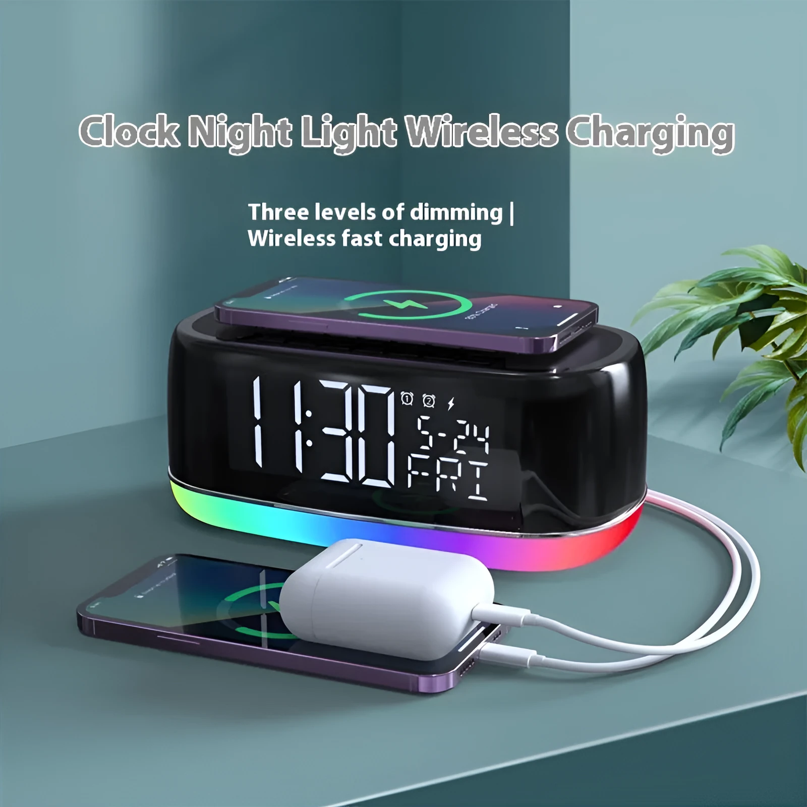 Deep black Bluetooth audio subwoofer with wireless charging pad and colourful light display