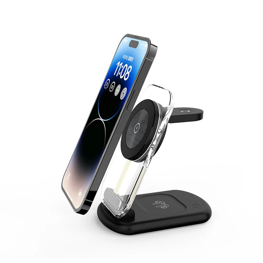 Transparent folding magnetic three-in-one wireless charger in black, showing fast charge QC3.0 and 18W output details.