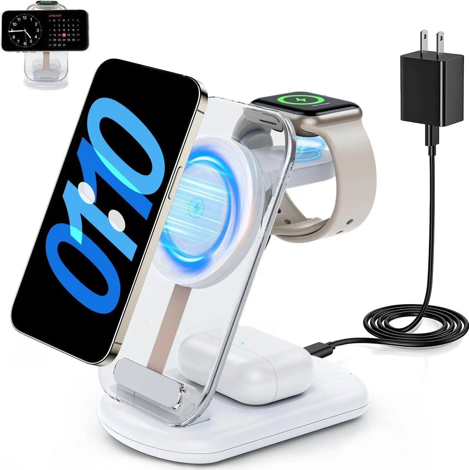 Transparent folding magnetic three-in-one wireless charger in black, showing fast charge QC3.0 and 18W output details.