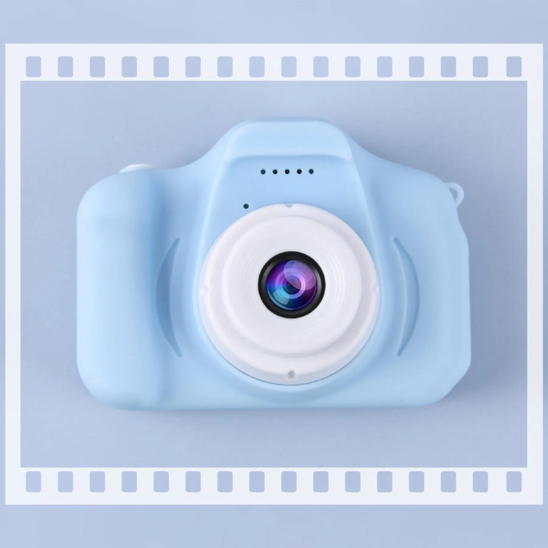 Children's digital camera toy in blue with photo, video, and sticker modes