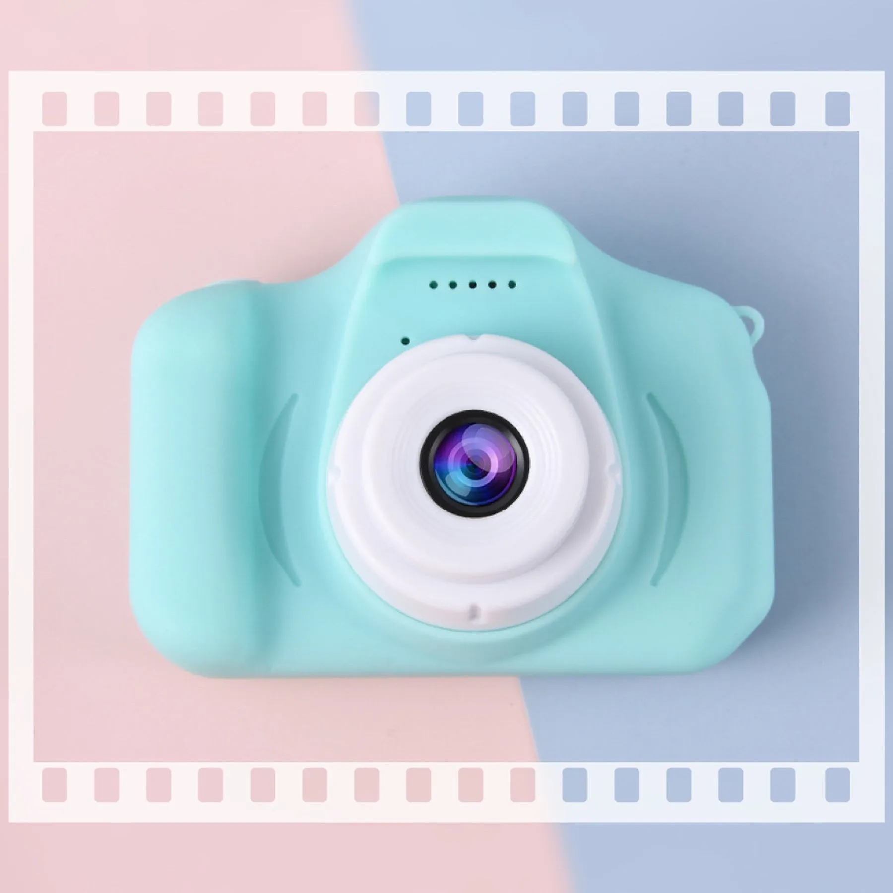 Children's digital camera toy in blue with photo, video, and sticker modes