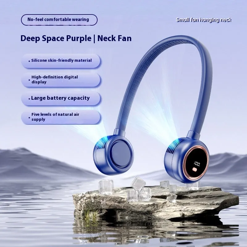 Bladeless halter fan in Glacier White with digital display showing fan speed, USB rechargeable, 229x240x64 mm
