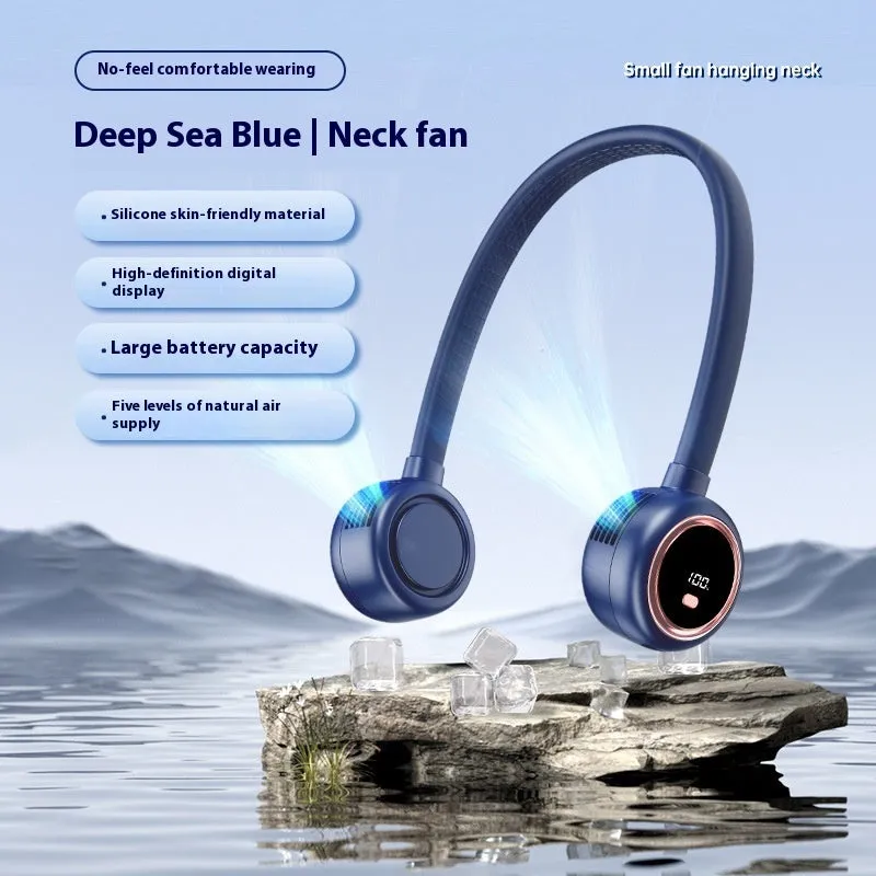 Bladeless halter fan in Glacier White with digital display showing fan speed, USB rechargeable, 229x240x64 mm