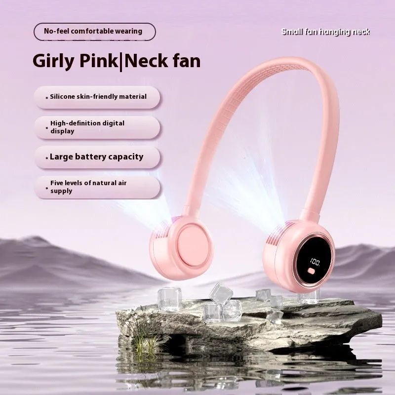 Bladeless halter fan in Glacier White with digital display showing fan speed, USB rechargeable, 229x240x64 mm