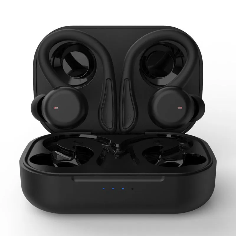 True wireless sports headphones with removable ear hooks in black, white, blue, red, and pink colours