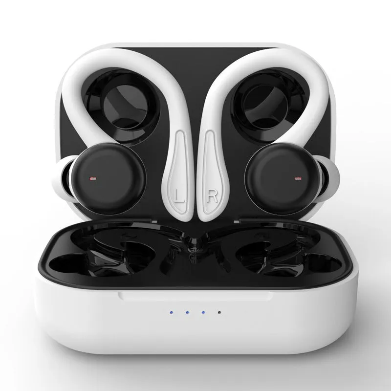 True wireless sports headphones with removable ear hooks in black, white, blue, red, and pink colours