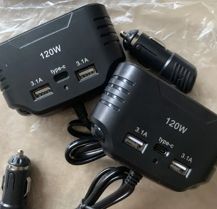 Black plastic 120W car charger converter with 12V 24V fast charging support for vehicle power outlets