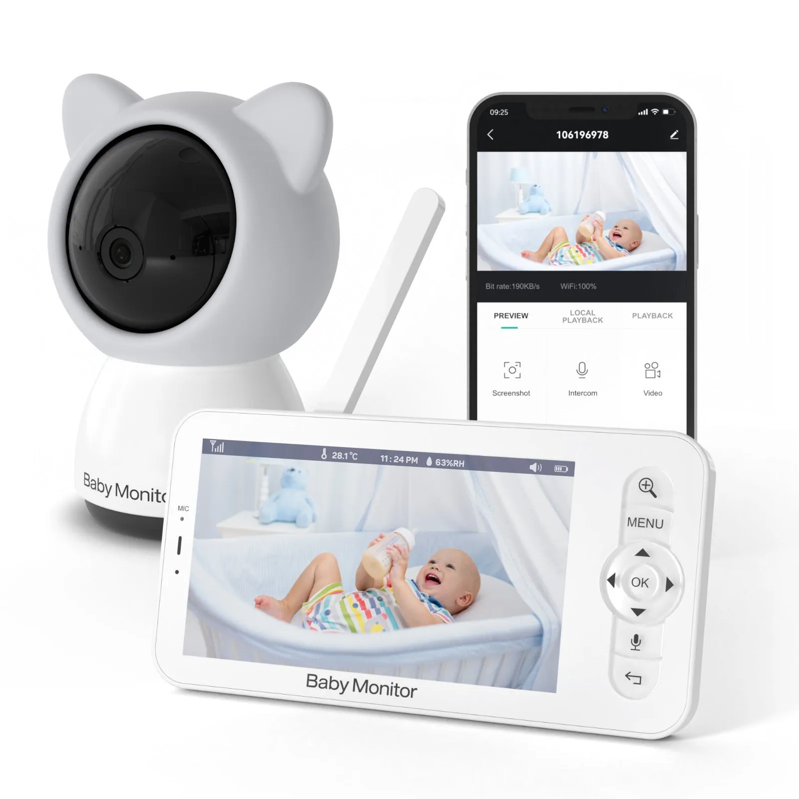 Baby monitor with 5-inch screen showing camera view, 720P resolution, pan tilt mechanism