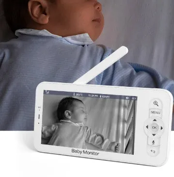 Baby monitor with 5-inch screen showing camera view, 720P resolution, pan tilt mechanism