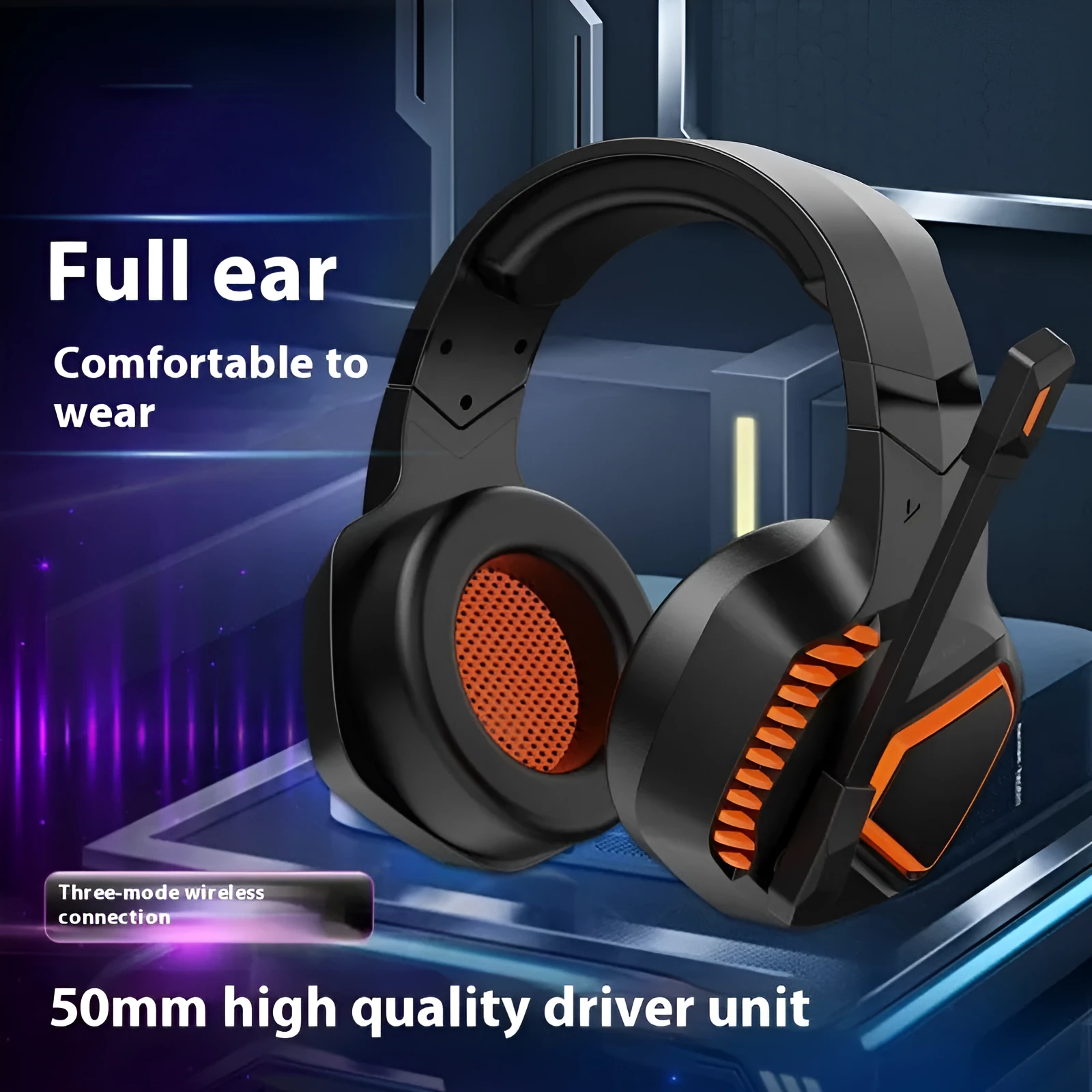Wireless Bluetooth gaming headset with 50mm drivers in black, rotatable earmuffs, high protein leather padding