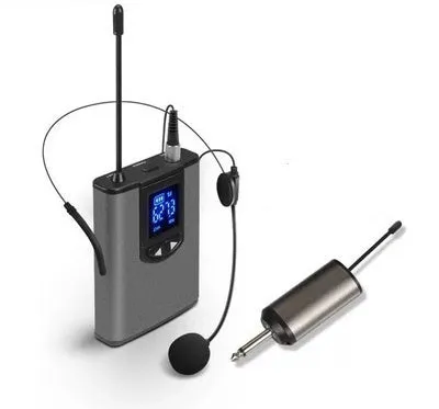 Silver head-mounted wireless microphone with headband and clip for hands-free speaking