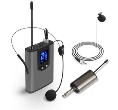 Silver head-mounted wireless microphone with headband and clip for hands-free speaking