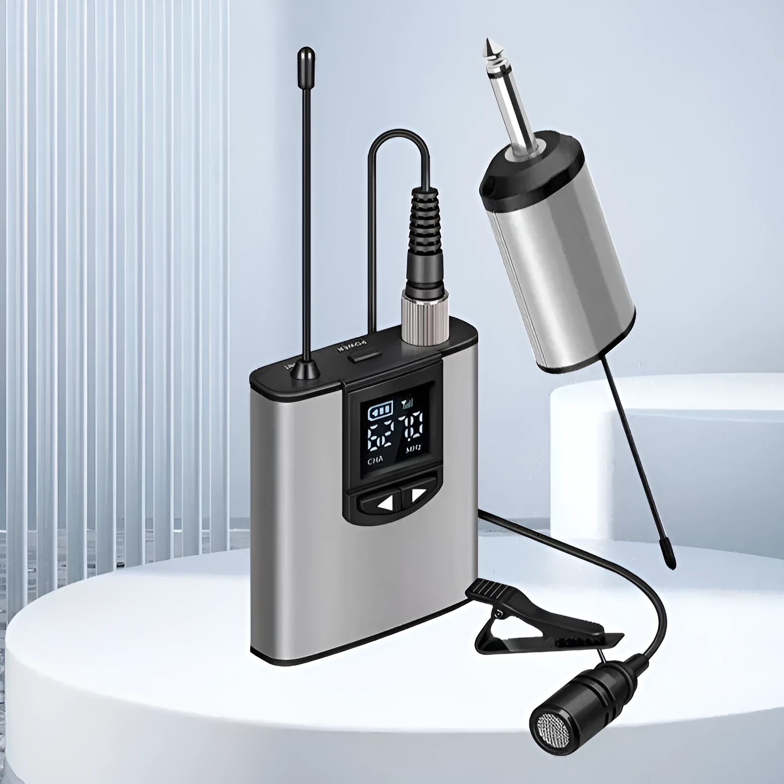 Silver head-mounted wireless microphone with headband and clip for hands-free speaking