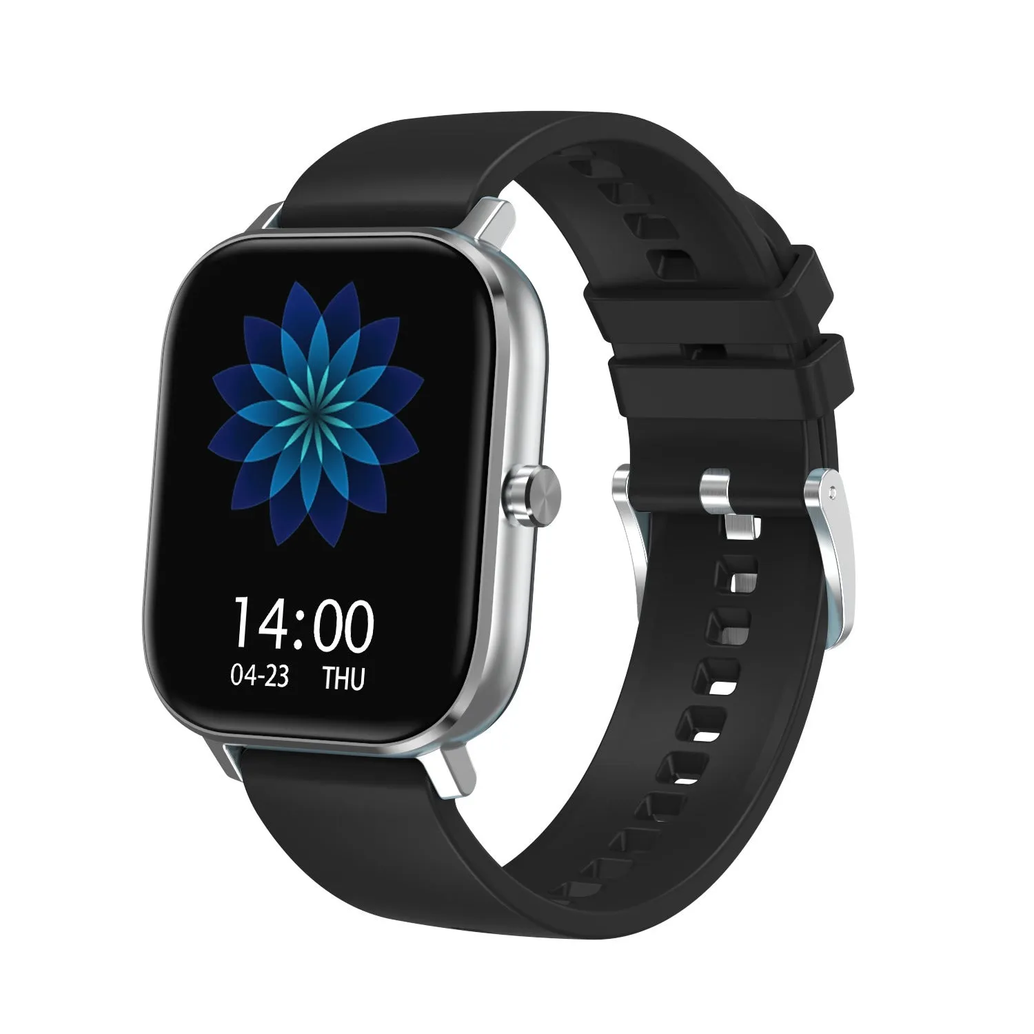 Silver smart bracelet with a 1.54-inch screen on a grey mesh steel strap, showing health metrics interface.