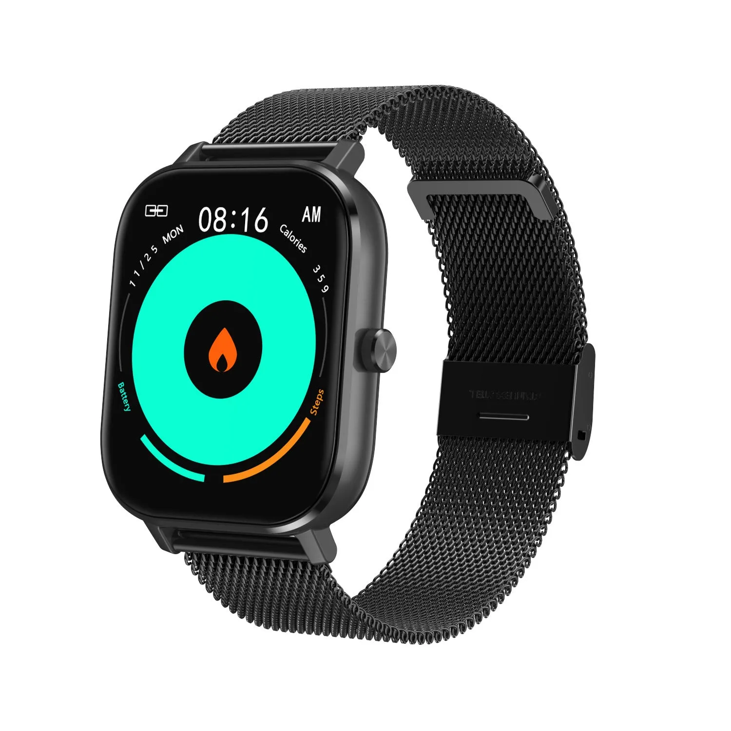 Silver smart bracelet with a 1.54-inch screen on a grey mesh steel strap, showing health metrics interface.