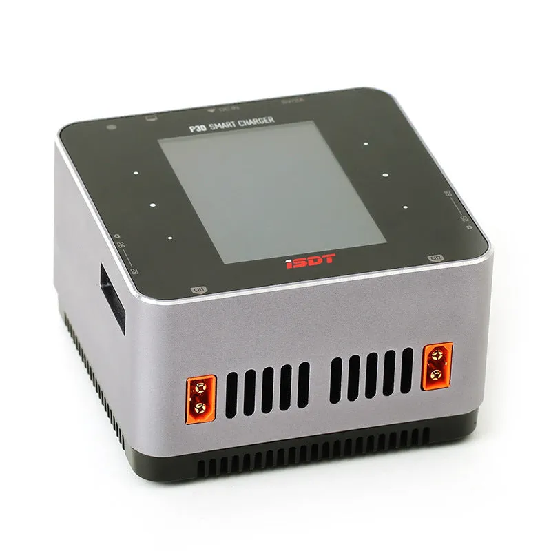 P30 dual-channel smart balance charger for lithium batteries with two slots, dimensions 110x110x65mm