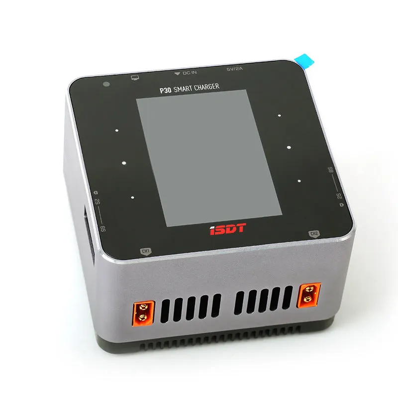 P30 dual-channel smart balance charger for lithium batteries with two slots, dimensions 110x110x65mm