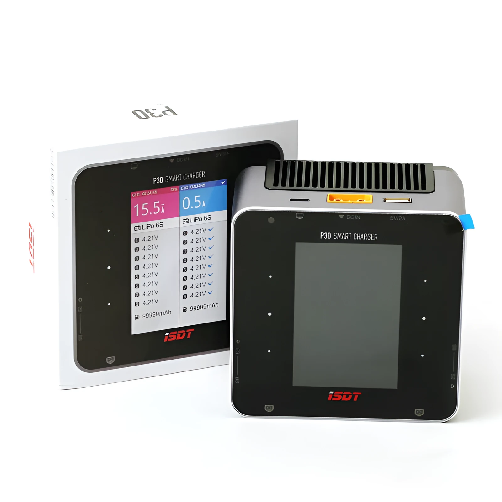 P30 dual-channel smart balance charger for lithium batteries with two slots, dimensions 110x110x65mm