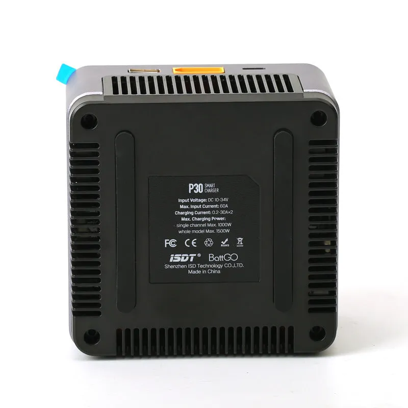 P30 dual-channel smart balance charger for lithium batteries with two slots, dimensions 110x110x65mm